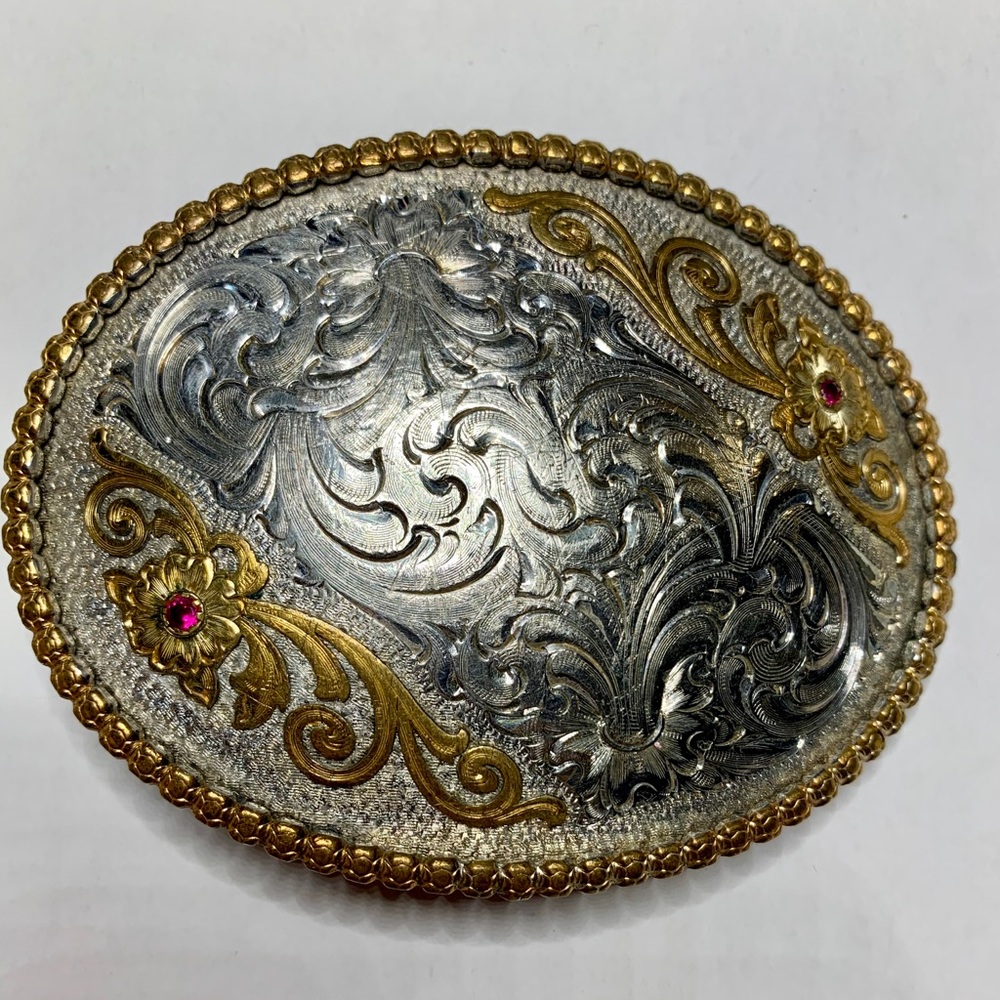 Vintage Belt Buckle 2-tone floral w/ruby accents